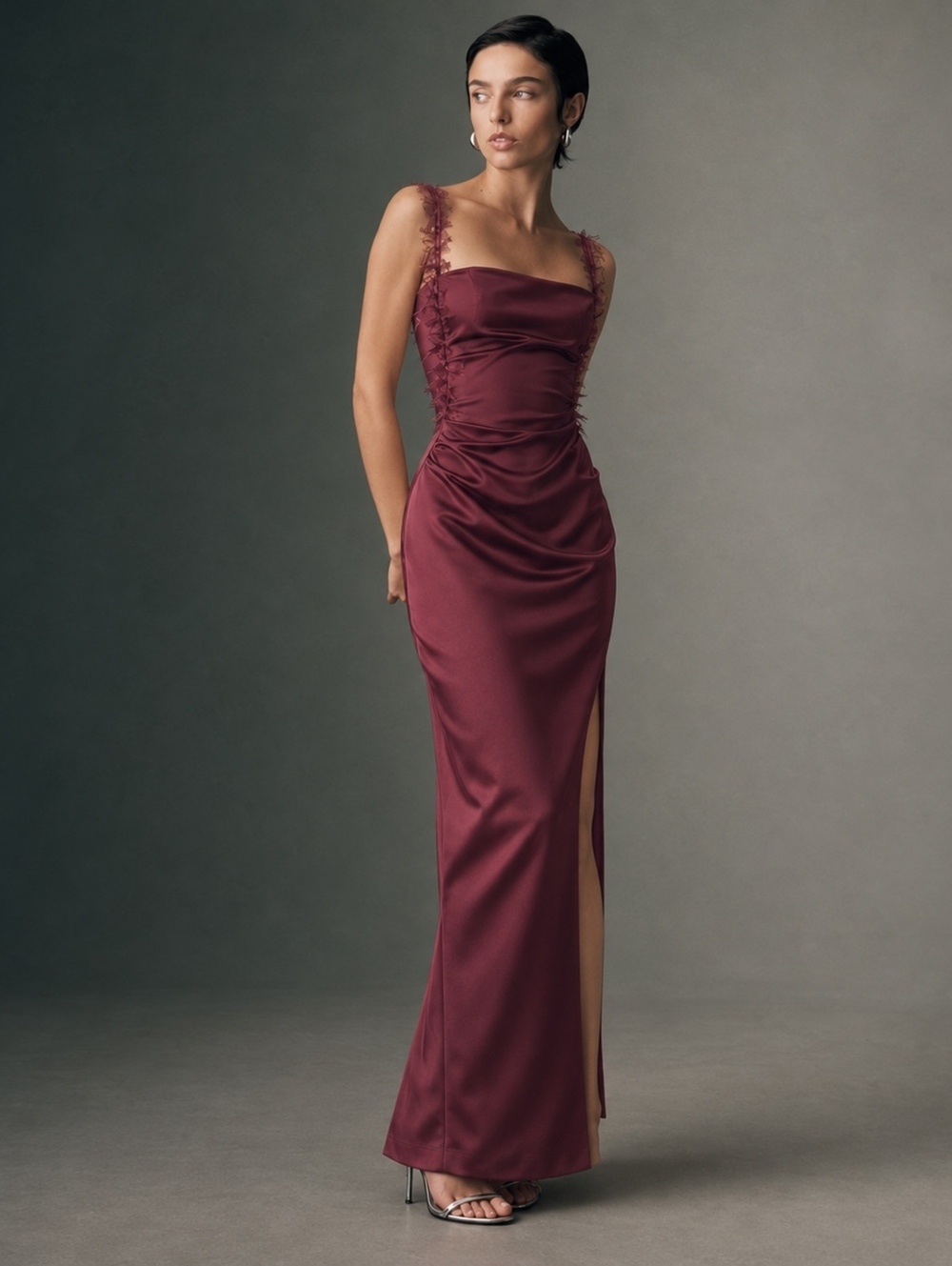 BHLDN Arabella Tendril Sleeve Satin Maxi Dress 3D Floral Side Slit Medium